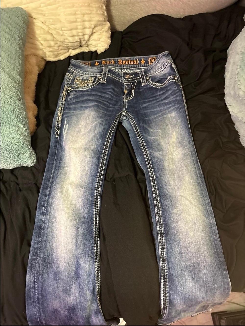 Rock Revival Women's Faded Blue Bootcut Jeans with Embroidered Pockets